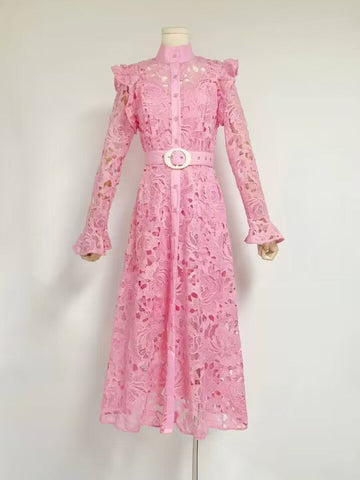 Dress Dress With Lotus Leaves With Belt Famous Temperament Sweet Water-Soluble Lace Dress Dress Dress